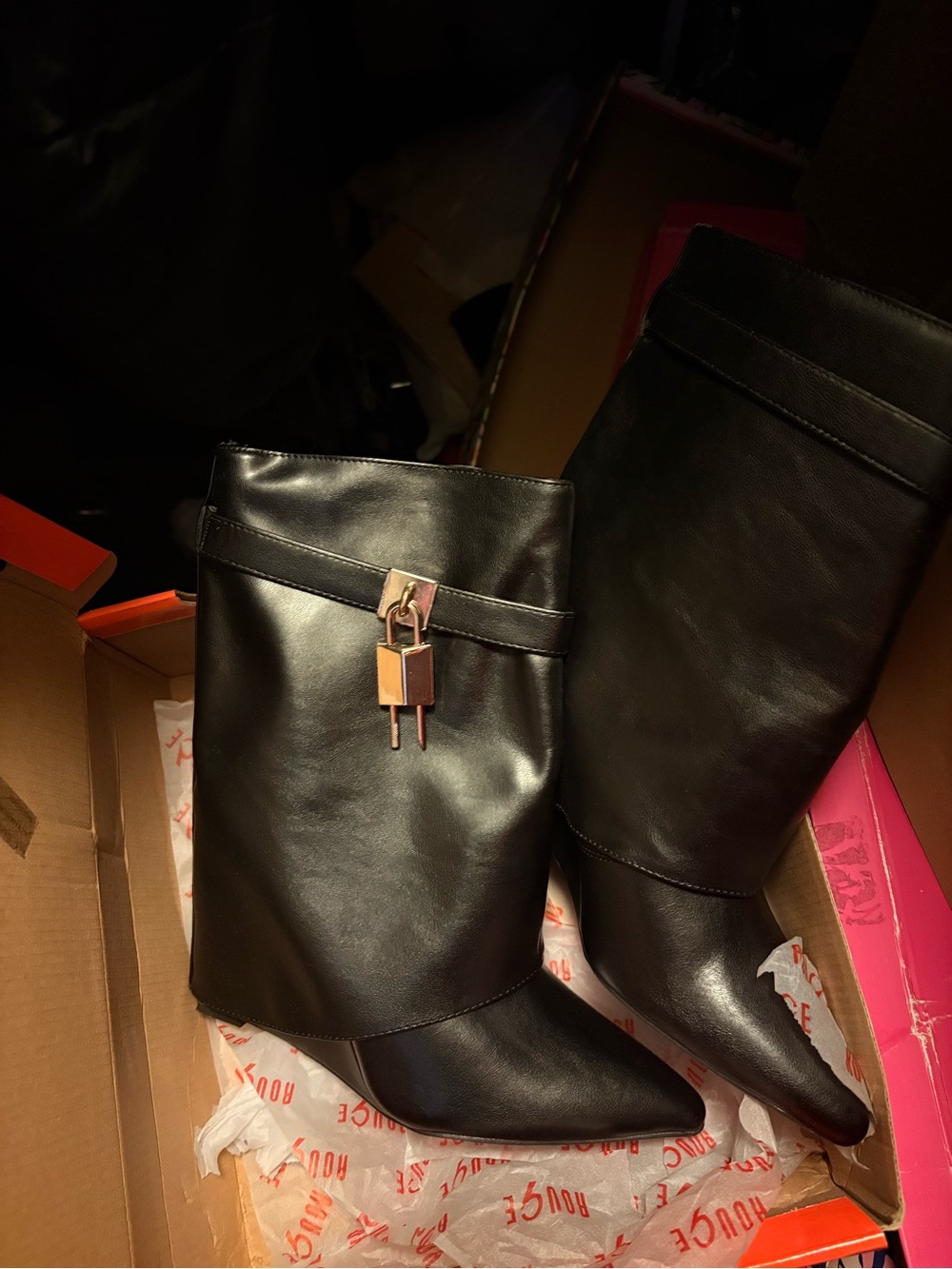 Women's Black Mid-Calf Pointed Toe Boots with Decorative Lock